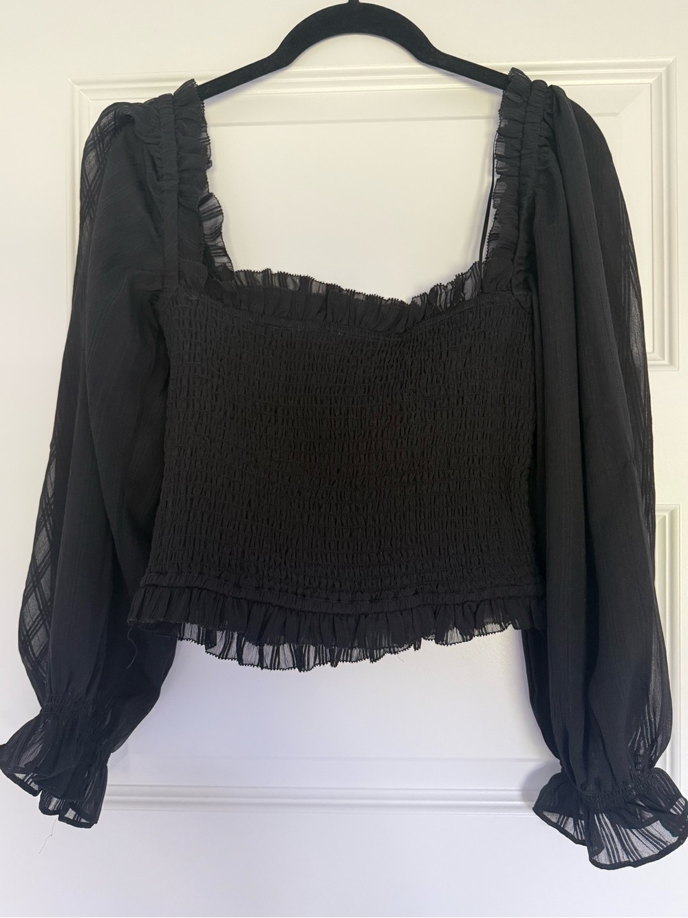 Astr Black Smocked Square Neck Puff Sleeve Top - Picture 2 of 5